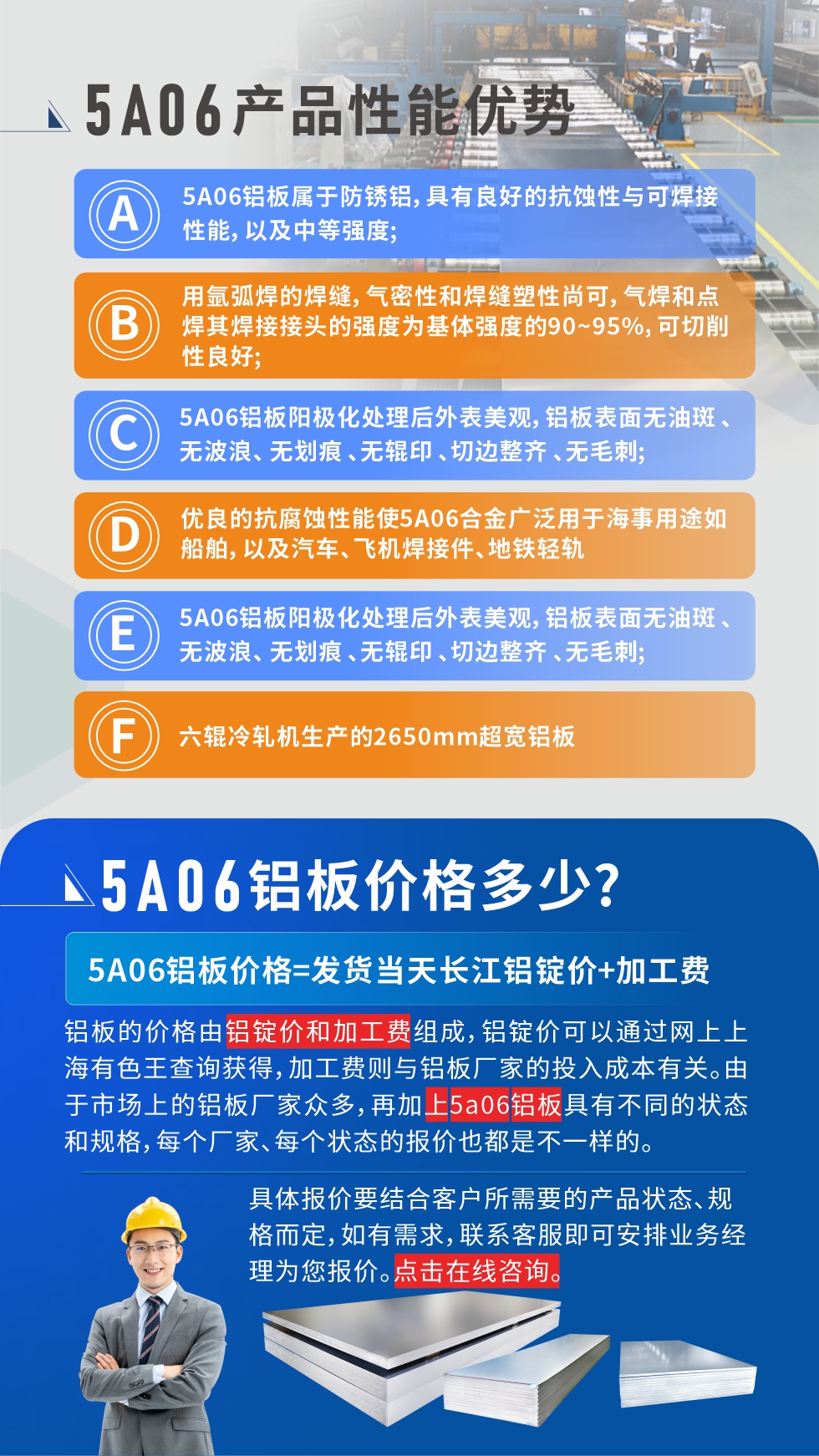 產(chǎn)品性能優(yōu)勢(shì)   

1、5A06鋁板屬于防銹鋁，具有良好的抗蝕性與可焊接性能，以及中等強(qiáng)度;

2、用氬弧焊的焊縫，氣密性和焊縫塑性尚可，氣焊和點(diǎn)焊其焊接接頭的強(qiáng)度為基體強(qiáng)度的90~95%，可切削性良好;

3、5A06鋁板陽極化處理后外表美觀，鋁板表面無油斑 、無波浪、 無劃痕 、無輥印 、切邊整齊 、無毛刺;

4、優(yōu)良的抗腐蝕性能使5A06合金廣泛用于海事用途如船舶，以及汽車、飛機(jī)焊接件、地鐵輕軌;

5、六輥冷軋機(jī)生產(chǎn)的2650mm超寬鋁板;