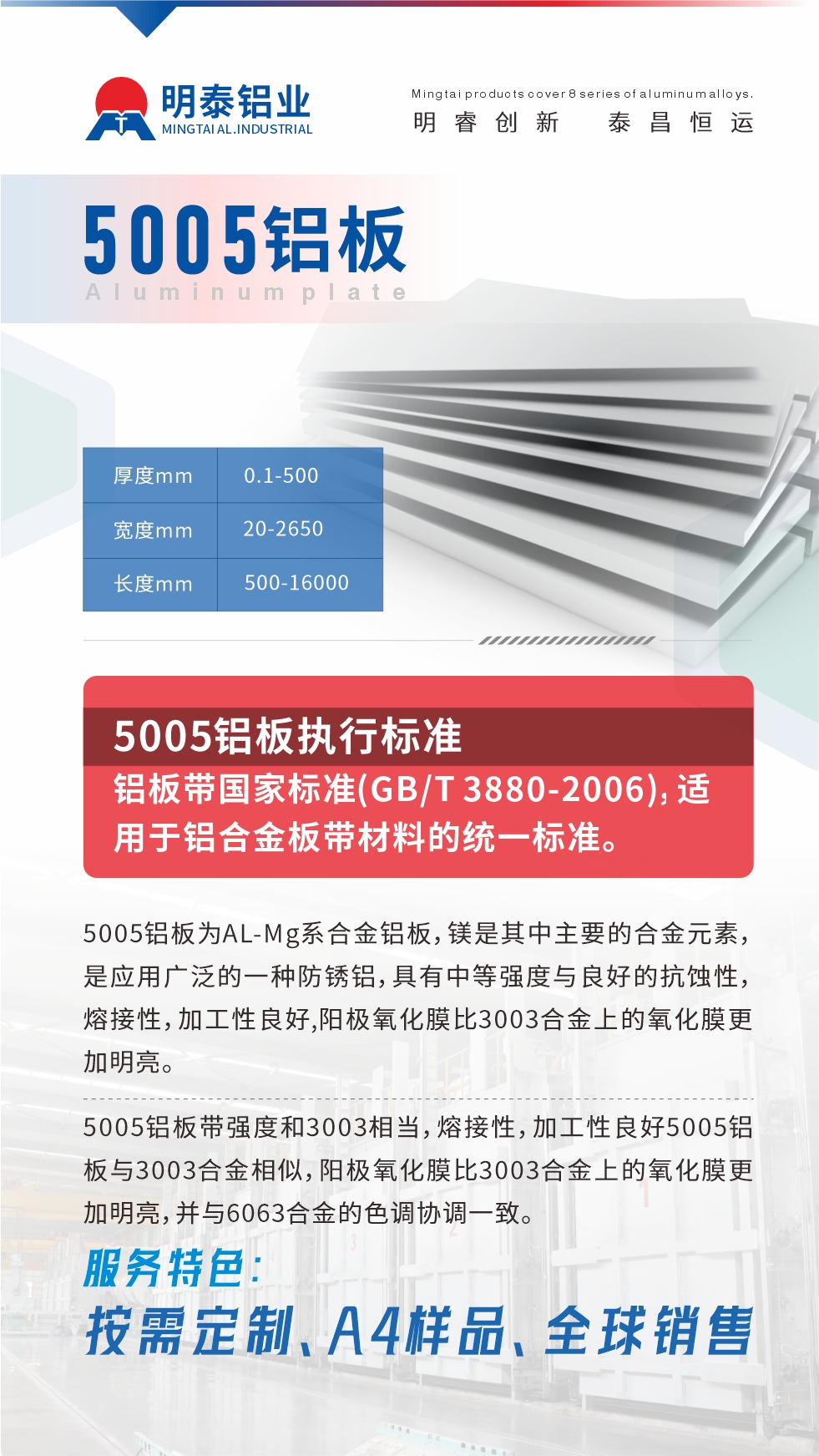 產(chǎn)品介紹

5005鋁板為AL-Mg系合金鋁板，鎂是其中主要的合金元素，是應(yīng)用廣泛的一種防銹鋁，具有中等強(qiáng)度與良好的抗蝕性，熔接性，加工性良好,陽(yáng)極氧化膜比3003合金上的氧化膜更加明亮。

5005鋁板帶強(qiáng)度和3003相當(dāng)，熔接性，加工性良好5005鋁板與3003合金相似，陽(yáng)極氧化膜比3003合金上的氧化膜更加明亮，并與6063合金的色調(diào)協(xié)調(diào)一致。服務(wù)特色：按需定制、A4樣品、全球銷(xiāo)售!


