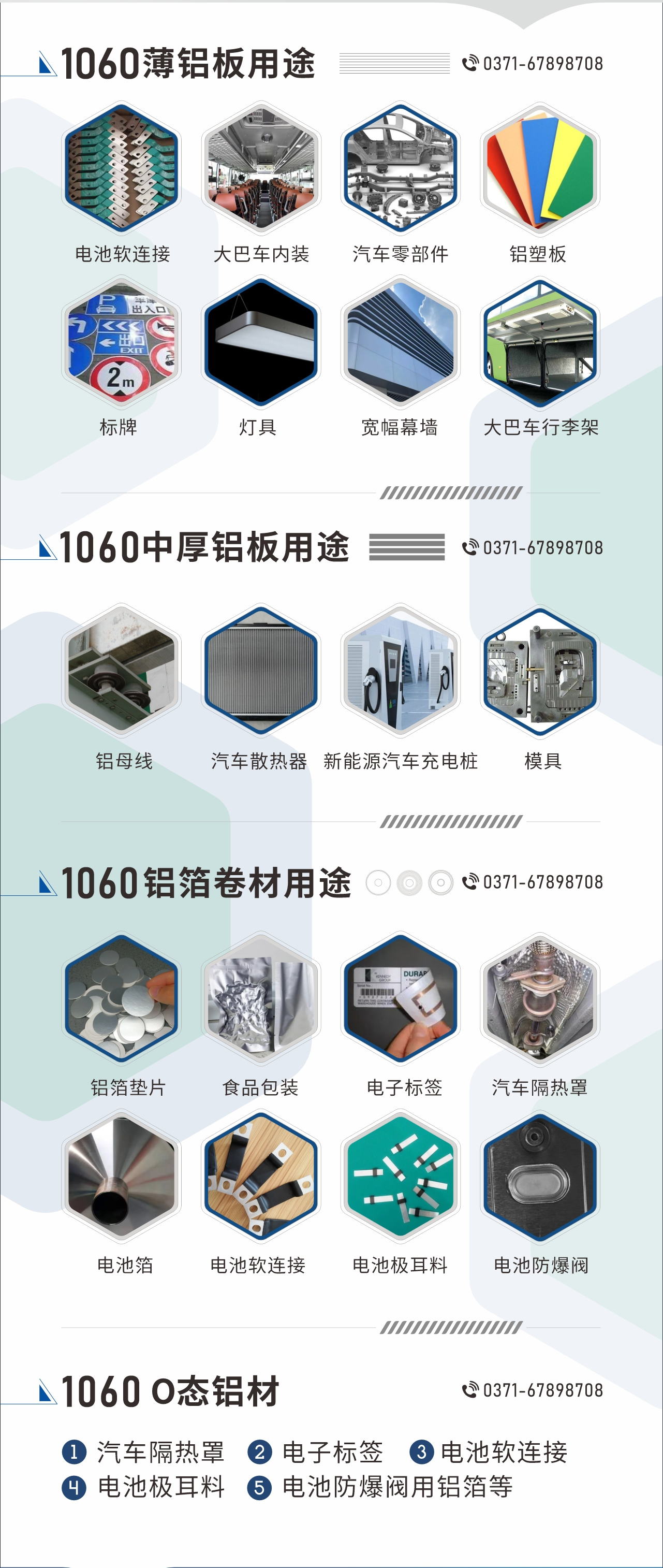 1060鋁板卷用途
　　1060鋁薄板用途： 電池軟連接、大巴車內(nèi)裝、汽車零部件、鋁塑板、標(biāo)牌、燈具、寬幅幕墻、大巴車行李架/地板/花紋板(宇通公司使用)等;1060中厚鋁板用途：鋁母線、汽車散熱器、新能源汽車充電樁、模具等;1060鋁箔卷材用途：鋁箔墊片、食品包裝、電子標(biāo)簽、汽車隔熱罩用鋁箔、電池箔、電池軟連接、電池極耳料、電池防爆閥等;1060-O態(tài)鋁材用途：汽車隔熱罩、電子標(biāo)簽、電池軟連接、電池極耳料、電池防爆閥用鋁箔等;1060鋁板多少錢1噸.1060鋁板價(jià)格=發(fā)貨當(dāng)天長江鋁錠價(jià)+加工費(fèi)
