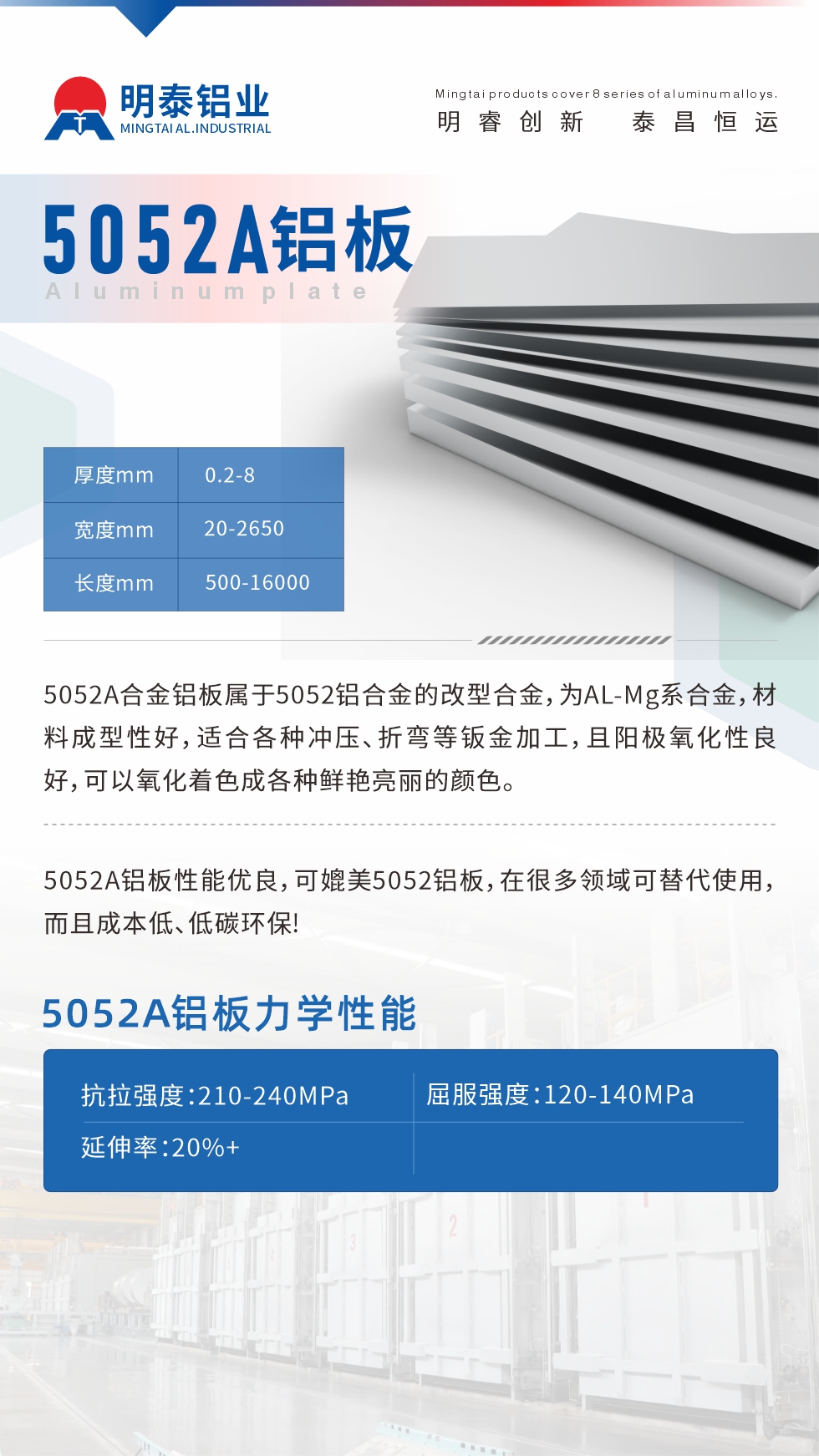 5052A合金鋁板屬于5052鋁合金的改型合金，為AL-Mg系合金，材料成型性好，適合各種沖壓、折彎等鈑金加工，且陽極氧化性良好，可以氧化著色成各種鮮艷亮麗的顏色。5052A鋁板性能優(yōu)良，可媲美5052鋁板，在很多領(lǐng)域可替代使用，而且成本低、低碳環(huán)保!5052A鋁板力學(xué)性能抗拉強(qiáng)度：210-240MPa屈服強(qiáng)度：120-140MPa延伸率：20%+