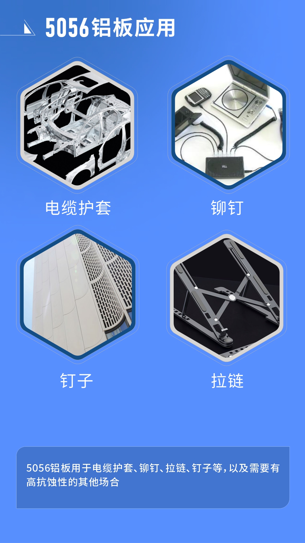 市場(chǎng)應(yīng)用
　　5056鋁板用于電纜護(hù)套、鉚釘、拉鏈、釘子等，以及需要有高抗蝕性的其他場(chǎng)合。
　　5056鋁板生產(chǎn)廠(chǎng)家
　　明泰鋁業(yè)支持定做，為用戶(hù)合理推薦更合理產(chǎn)品規(guī)格，并提供優(yōu)惠報(bào)價(jià)，讓您選購(gòu)無(wú)憂(yōu)。
　　明泰鋁業(yè)是一家集科研、加工、制造為一體的大型現(xiàn)代化鋁加工企業(yè)。公司可生產(chǎn)1-8系鋁板帶箔產(chǎn)品，規(guī)格齊全。