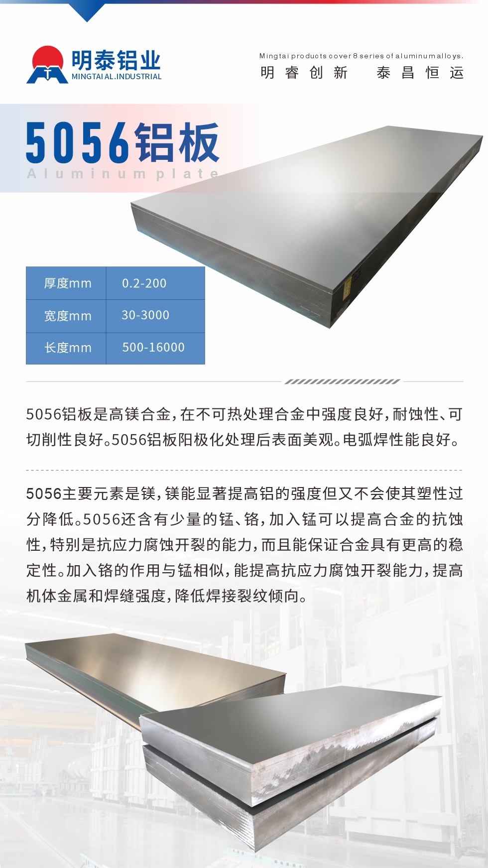 5056鋁板介紹
　　5056鋁板是高鎂合金，在不可熱處理合金中強(qiáng)度良好，耐蝕性、可切削性良好。5056鋁板陽(yáng)極化處理后表面美觀。電弧焊性能良好。
　　5056主要元素是鎂，鎂能顯著提高鋁的強(qiáng)度但又不會(huì)使其塑性過(guò)分降低。5056還含有少量的錳、鉻，加入錳可以提高合金的抗蝕性，特別是抗應(yīng)力腐蝕開(kāi)裂的能力，而且能保證合金具有更高的穩(wěn)定性。加入鉻的作用與錳相似，能提高抗應(yīng)力腐蝕開(kāi)裂能力，提高機(jī)體金屬和焊縫強(qiáng)度，降低焊接裂紋傾向。