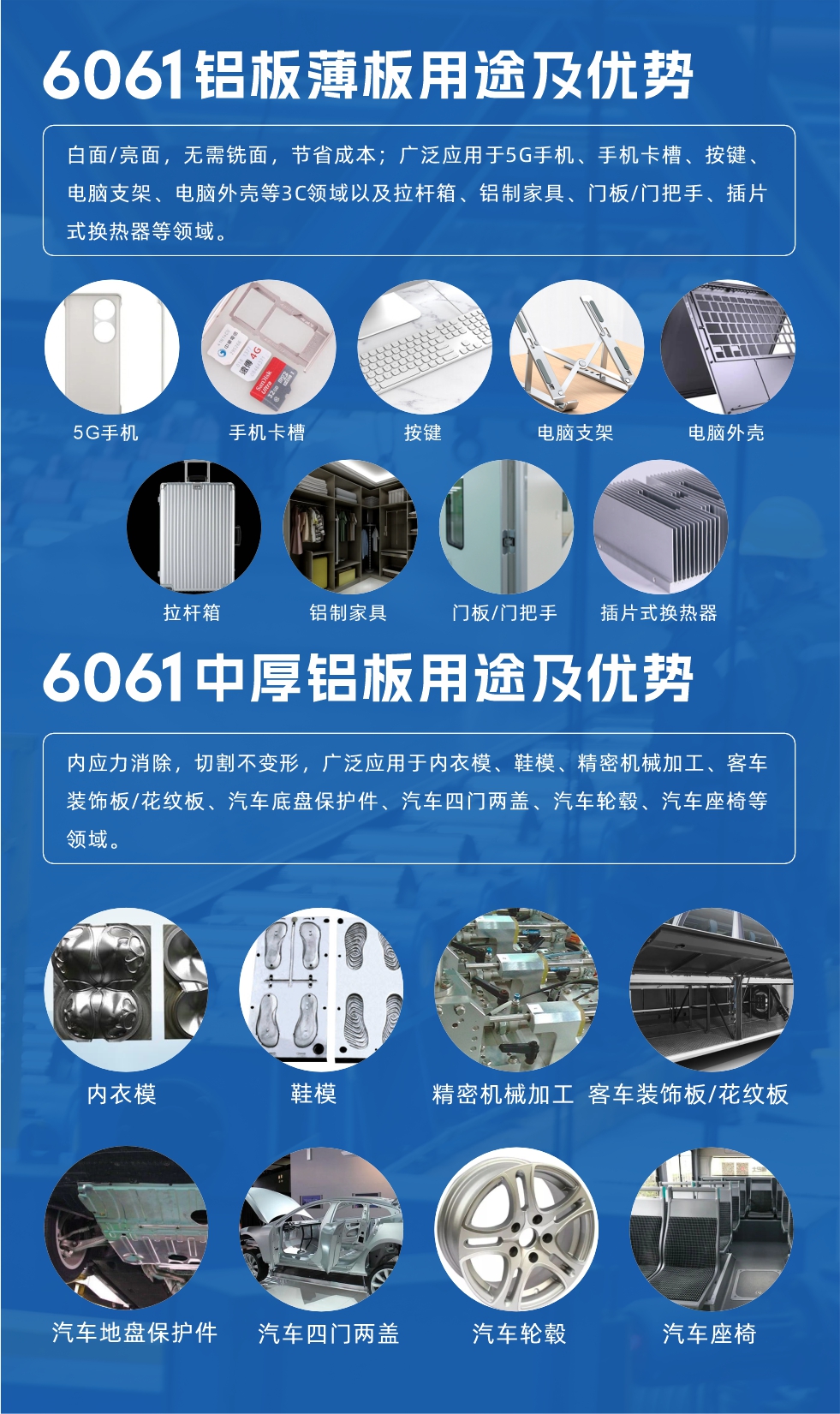 6061鋁板薄板用途及優(yōu)勢:白面/亮面，無需銑面，節(jié)省成本；廣泛應(yīng)用于5G手機、手機卡槽、按鍵、電腦支架、電腦外殼等3C領(lǐng)域以及拉桿箱、鋁制家具、門板/門把手、插片式換熱器等領(lǐng)域。
6061中厚鋁板用途及優(yōu)勢:內(nèi)應(yīng)力消除，切割不變形，廣泛應(yīng)用于內(nèi)衣模、鞋模、精密機械加工、客車裝飾板/花紋板、汽車底盤保護件、汽車四門兩蓋、汽車輪轂、汽車座椅等領(lǐng)域。
