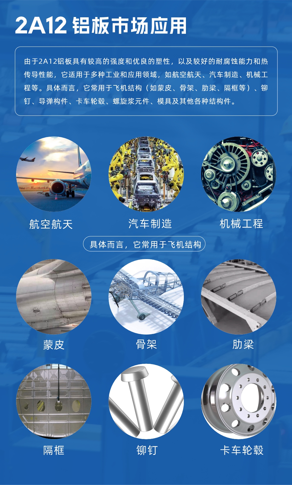 2A12鋁板產(chǎn)品用途

由于2A12鋁板具有較高的強度和優(yōu)良的塑性，以及較好的耐腐蝕能力和熱傳導(dǎo)性能，它適用于多種工業(yè)和應(yīng)用領(lǐng)域，如航空航天、汽車制造、機械工程等。具體而言，它常用于飛機結(jié)構(gòu)（如蒙皮、骨架、肋梁、隔框等）、鉚釘、導(dǎo)彈構(gòu)件、卡車輪轂、螺旋漿元件、模具及其他各種結(jié)構(gòu)件。

