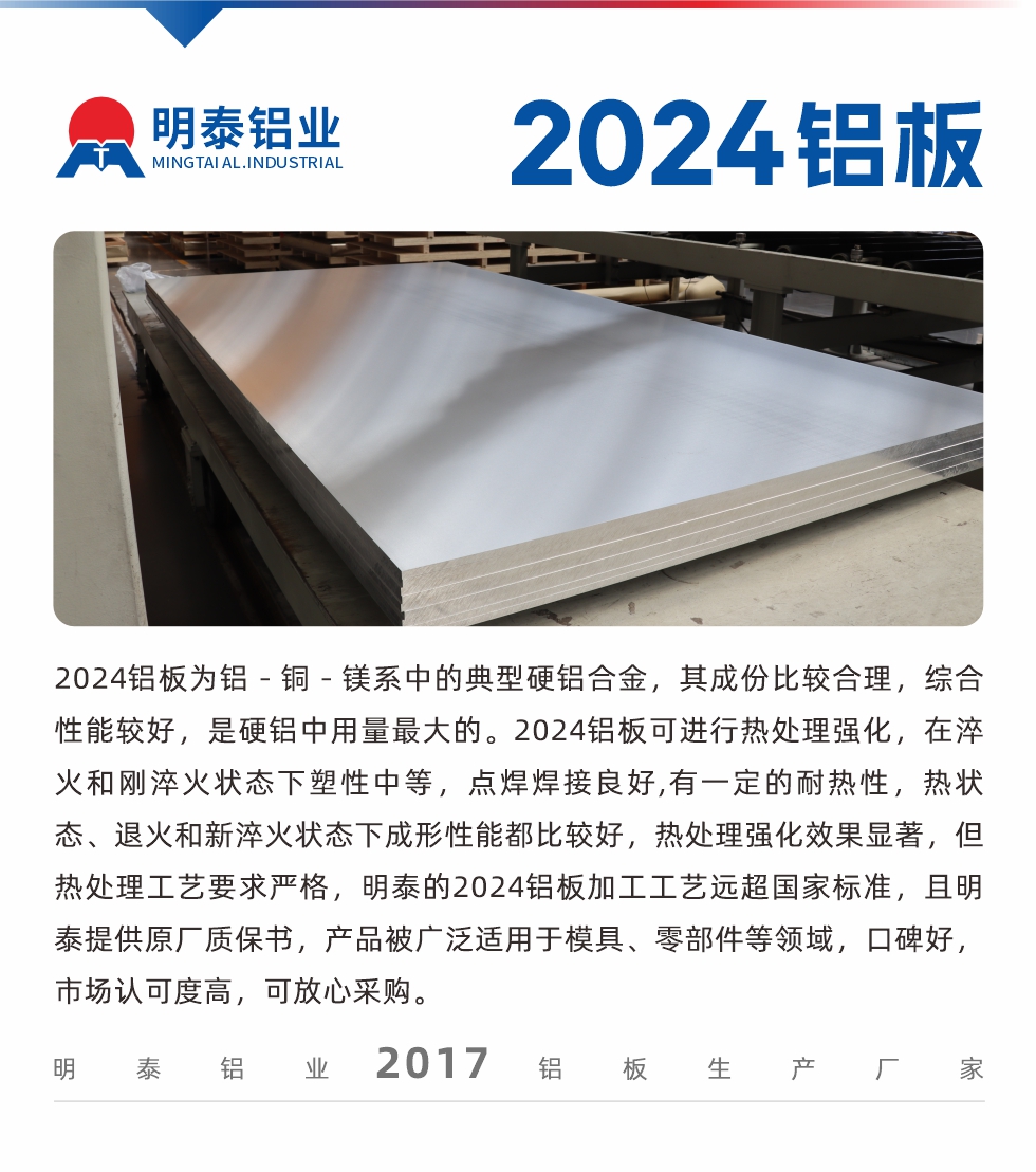 2024鋁板為鋁－銅－鎂系中的典型硬鋁合金，其成份比較合理，綜合性能較好，是硬鋁中用量最大的。2024鋁板可進(jìn)行熱處理強(qiáng)化，在淬火和剛淬火狀態(tài)下塑性中等，點(diǎn)焊焊接良好,有一定的耐熱性，熱狀態(tài)、退火和新淬火狀態(tài)下成形性能都比較好，熱處理強(qiáng)化效果顯著，但熱處理工藝要求嚴(yán)格，明泰的2024鋁板加工工藝遠(yuǎn)超國家標(biāo)準(zhǔn)，且明泰提供原廠質(zhì)保書，產(chǎn)品被廣泛適用于模具、零部件等領(lǐng)域，口碑好，市場認(rèn)可度高，可放心采購。

