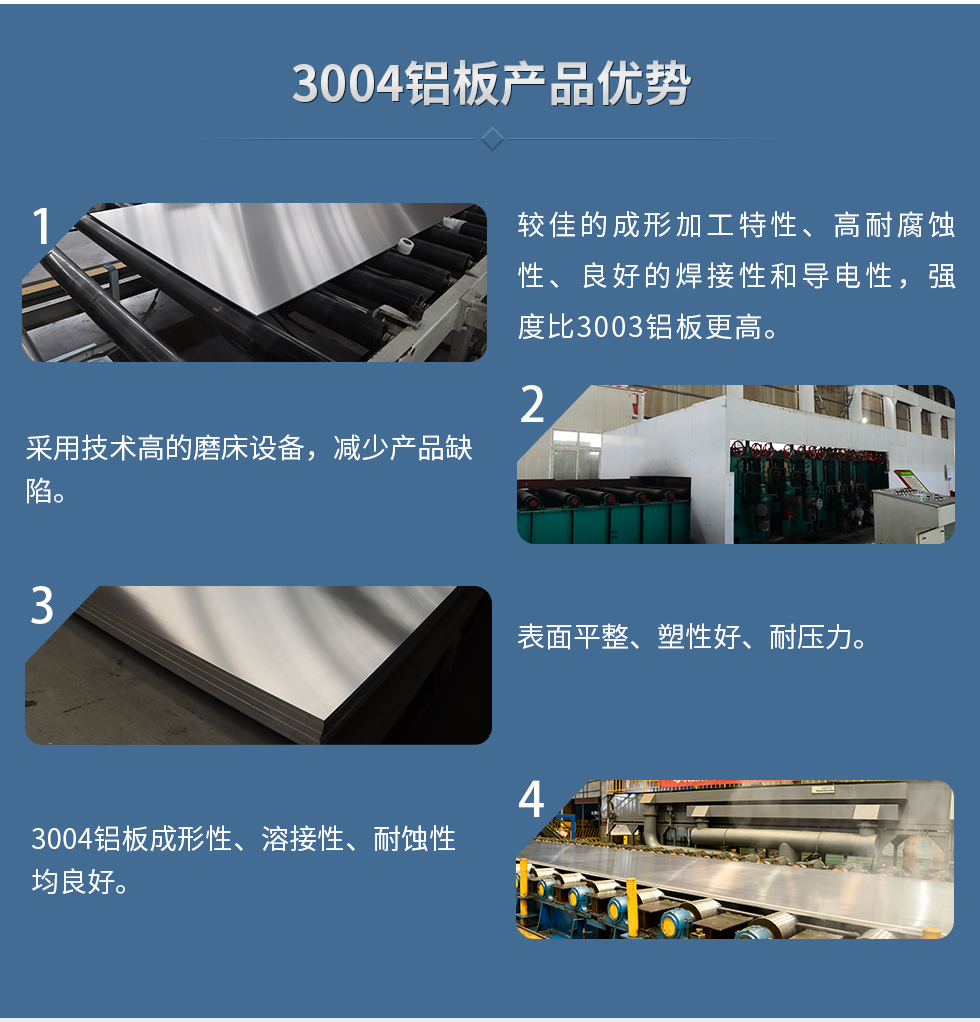 3004鋁板產(chǎn)品優(yōu)勢(shì)
　　1、較佳的成形加工特性、高耐腐蝕性、良好的焊接性和導(dǎo)電性，強(qiáng)度比3003鋁板更高。
　　2、采用技術(shù)高的磨床設(shè)備，減少產(chǎn)品缺陷。
　　3、表面平整、塑性好、耐壓力。
　　明泰3004鋁板優(yōu)勢(shì)
　　1、3004鋁板成形性、溶接性、耐蝕性均良好。
　　2、好的成形加工特性、高耐腐蝕性、良好的焊接性和導(dǎo)電性，強(qiáng)度比3003鋁板更高。
　　3、3004鋁板表面平整、塑性好、耐壓力;
　　4、采用國(guó)際先進(jìn)的磨床設(shè)備，減少產(chǎn)品缺陷。