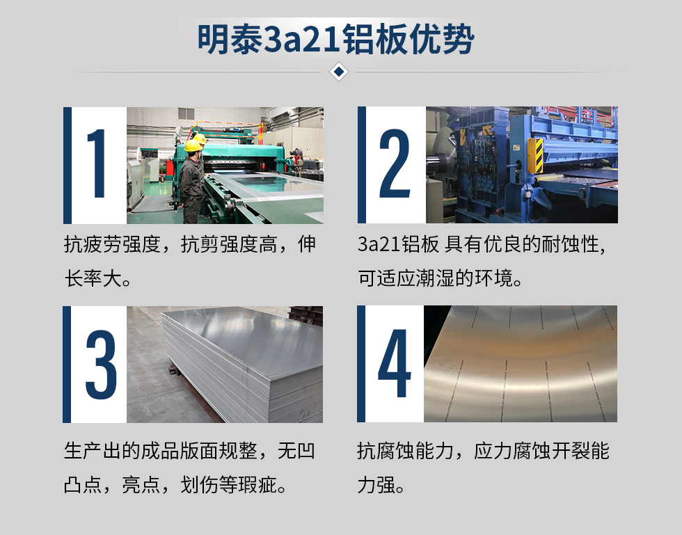 明泰3a21鋁板優(yōu)勢
　　1、抗疲勞強(qiáng)度，抗剪強(qiáng)度高，伸長率大。
　　2、3a21鋁板 具有優(yōu)良的耐蝕性,可適應(yīng)潮濕的環(huán)境。
　　3、 生產(chǎn)出的成品版面規(guī)整，無凹凸點，亮點，劃傷等瑕疵。
　　4、抗腐蝕能力，應(yīng)力腐蝕開裂能力強(qiáng)。